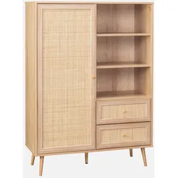 Highboard mit Rohrgeflecht und Holzdekor 1 Tür, 2 Schubladen, 6 Regale - Bohème