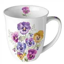 Ambiente Tasse 10cm Porzellan mit Stiefmütterchen Motiv - 0,4L Keramiktasse Porzellangeschirr Kaffeetasse Teetasse Kakaotasse Frühling Blumen Violett Weiß