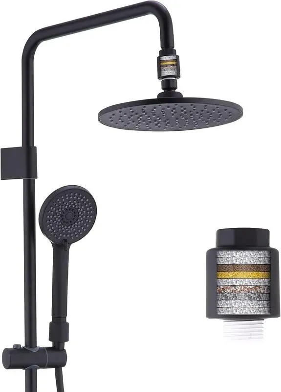 HOMELODY SUS304 Regensystem ohne Armaturen mit Filter, schwarze Handbrause mit 4 Funktionen, Edelstahl-Duschset mit rundem Duschkopf, Duschstange