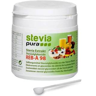 steviapura | Reines Stevia-Extrakt Pulver - weißes Steviosid-Extrakt - Hochkonzentriertes Süßungsmittel aus der Stevia Pflanze | 100% Stevia davon Reb-A 98% OHNE Zusätze | 50 g Dose mit Dosierlöffel