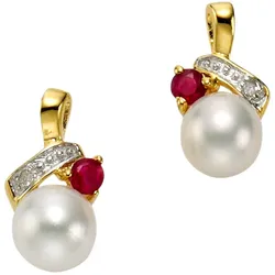 Paar Ohrstecker FIRETTI "Schmuck Geschenk Gold 333 Ohrschmuck Farbstein Edelstein Rubin", rot (gelbgoldfarben, weißgoldfarben, rot, rot), Ohrringe, Damen, 0,01 ct P1 = bei 10-facher Vergrößerung erkennbare Einschlüsse, Gelbgold 333-Perlen-Diamanten, Gelbgold 333, Perlen, Diamanten, mit Rubin - mit Süßwasserzuchtperle - mit Diamanten
