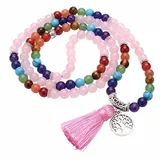 Saraswati Mala "Chakra Lebensbaum" 108 Rosenquarz- und Chakra Edelsteine mit Metall Anhänger