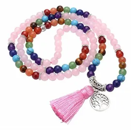 Saraswati Mala "Chakra Lebensbaum" 108 Rosenquarz- und Chakra Edelsteine mit Metall Anhänger