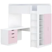 Shefa Kids Hochbett Mit Schreibtisch - Platzsparendes 5-in-1 Hochbett Kinder Mit Treppe, Kleiderschrank, Regal & Arbeitsbereich - Rosa, Belastbar Bis 90 Kg, Maße: 206 x 107 cm