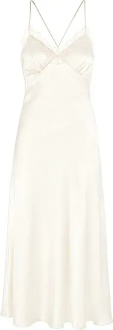 Schmales Spitzenkleid mit V-Ausschnitt, beige, seidenähnlich, Trägerkleid, Größe XL
