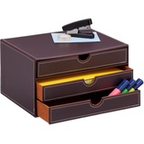 Relaxdays Schubladenbox, mit 3 Schubladen, Kunstleder, DIN A4, Büro, Schmuck, HxBxT: 18 x 33 x 25 cm, Ablagebox, braun
