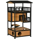 PawHut Katzenhaus,4 Etagen, Katzenvilla Katzenhütte für draußen Gelb,