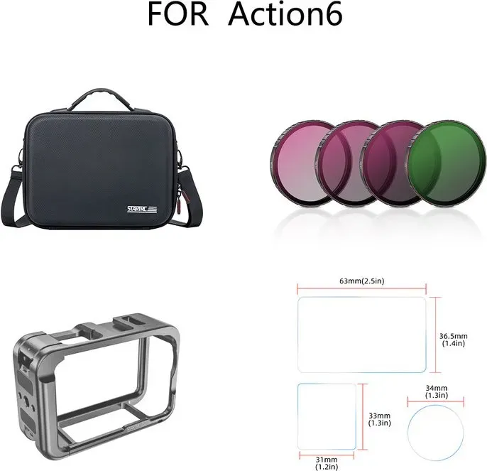STARTRC 4-in-1 Aufbewahrungs-, Schutz- und Aufnahmekit (Aufbewahrungstasche + Metallkäfig + Schutzglas + Filtersatz) für DJI Action 6 Action-Kamera