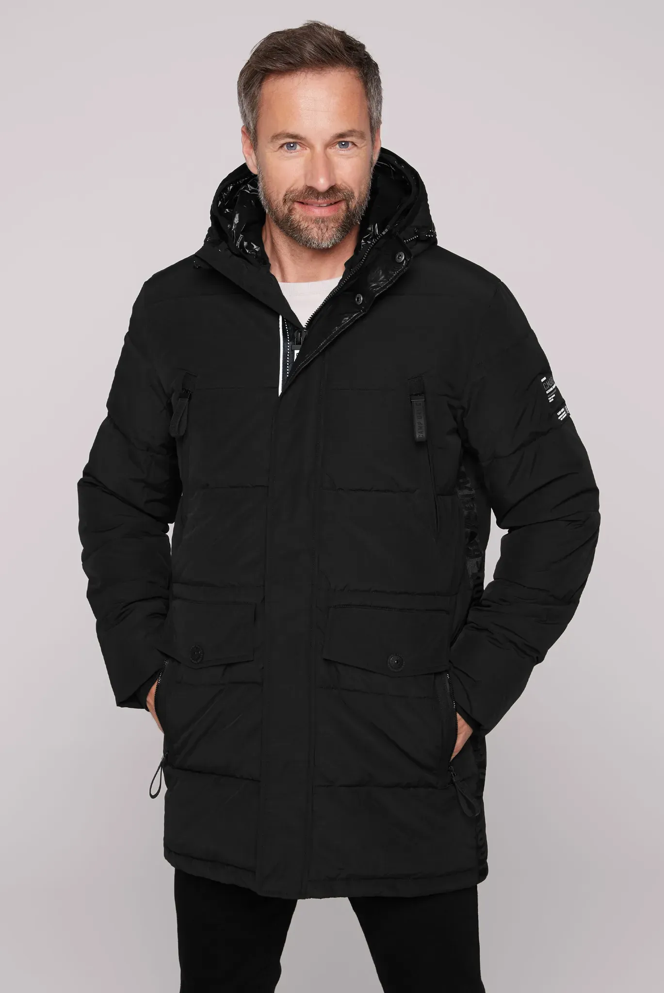 Parka CAMP DAVID, Herren, Gr. L, schwarz, Material: 55% Baumwolle, 45% Polyamid, Futter unten + Kapuze Innenseite: 100% Polyamid, Futter Vorderteil oben + Ärmel: 100% Polyester, Futter Rückenteil oben: 94% Polyester, 6% Elasthan, Füllung: 100% Polyester, bedruckt, bestickt, casual, lässig geschnitten lang, Langarm eingesetzt Windstopperbündchen, Jacken, mit Windbreaker-Bündchen