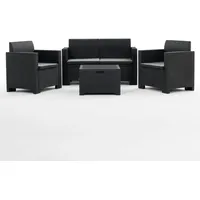 RATTATAN Gartenlounge SALINA aus Polyrattan mit abnehmbaren Kissen, bestehend aus einem 2-Sitzer-Sofa, zwei Sesseln und einem Aufbewahrungstisch – Schwarz