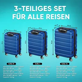 veska Hartschalenkoffer Kofferset 3 teilig mit TSA Zahlenschloss 4 Rollen ABS-Hartschale, Reisekoffer Trolley Rollkoffer Koffer - schwarz - Schwarz