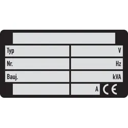 Typenschild, 9 Freifelder, mit CE-Kennzeichen - Bund = 25 Stk - 75x40x0.5 mm Alu blank