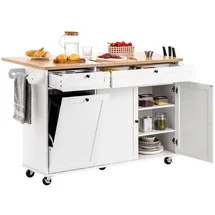 Vevor Kücheninselwagen 153 cm breiter mobiler Küchenwagen mit Rädern & Klappplatte & 2 Schubladen & Mülleimerschrank & Messerhalter & Gewürzregal & Handtuchhalter, Tisch für Esszimmer, Speisekammer