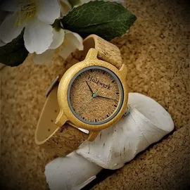 Holzwerk Germany Holzwerk HILDEN kleine Damen Kork & Holz Uhr mit Leder Armband in beige