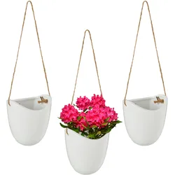 Relaxdays Wandvase 3er Set, Hängetopf innen, mit Schnur zum Aufhängen, Blumenampel, für Pflanzen & Blumen, Keramik, weiß