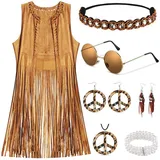 XCMVCN Hippie Kostüm Damen Set Fransen ärmellose Damen 60er 70er Jahre Halloween Kostüm Karneval Kostüm Damen Disco Faschingskostüme 9 Stück Set (Braun,M)