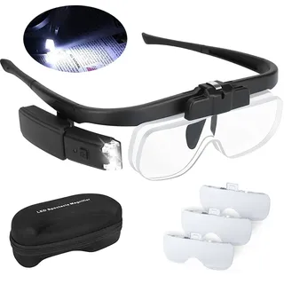 Lupenbrille, beleuchtet, LED, 2 Lichter, Lupe mit Kopfband, für präzises Lesen, Arbeit, Uhrmacher, Sehbehinderte, USB, wiederaufladbar, Vergrößerung, austauschbar, 1,5 x, 2 x, 2,5 x