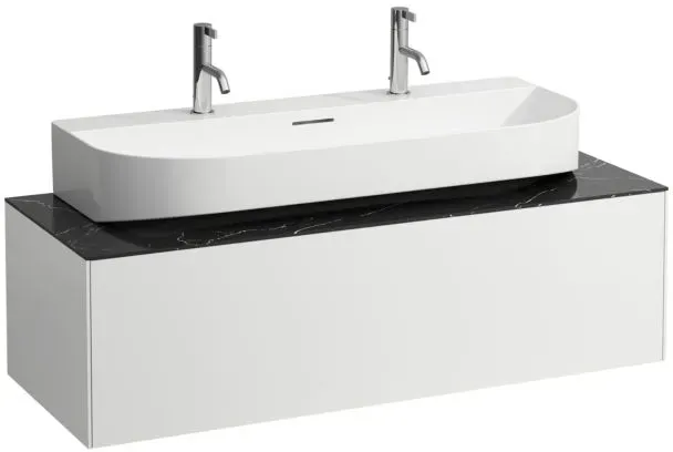 LAUFEN Sonar Schubladenelement/Sideboard H4054610341431 117,5x34x45,5cm, Ausschnitt Mitte, Aufsatzwaschtisch, Weiß matt/Nero Marquina