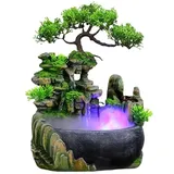 Zimmerbrunnen mit LED-Beleuchtung, Tischbrunnen, Wohnzimmer, Büro, Wasserfall, Desktop, Bonsai, Ornament, Brunnen, Tisch, Wasserfall, Desktop-Brunnen, mit Pflanzen, Dekoration (mit Nebel)