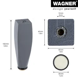 WAGNER Möbelbein KIEFER Holz eckig - 40 x 40 x 150 mm, grau, QuickClick® Filzgleiter Ø 30 mm, Gewinde Ø 10 mm - 12734101