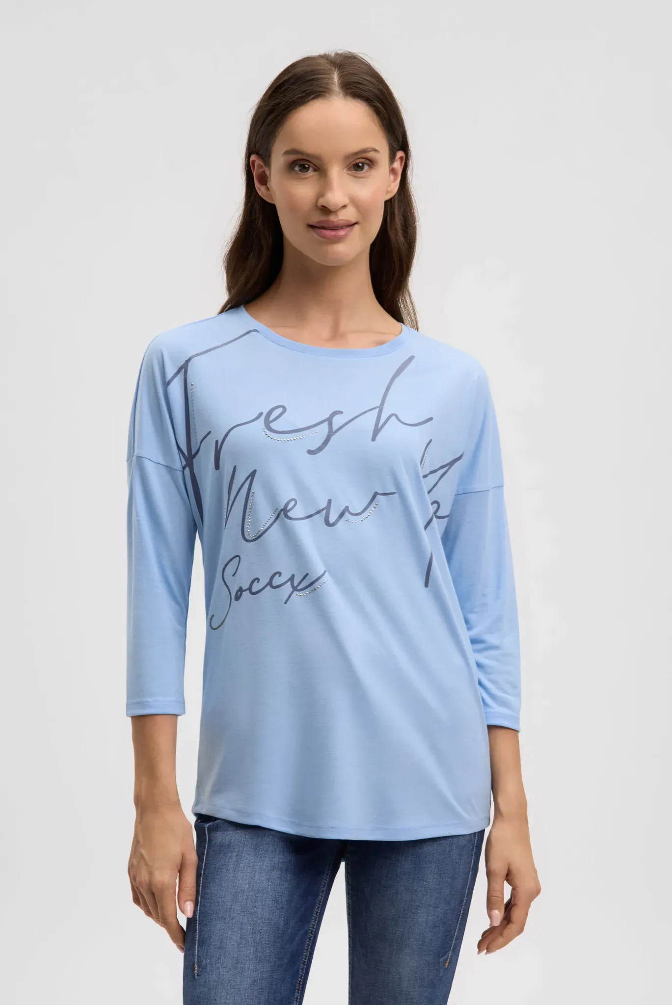 Rundhalsshirt SOCCX, Damen, Gr. XS, blau heaven, Single Jersey, Material: 65% Polyester, 35% Viskose, Glitzermuster, bedruckt, regular fit normal, Rundhals, angeschnitten gerader Abschluss, Shirts Rundhalsshirt, mit überschnittenen Schultern
