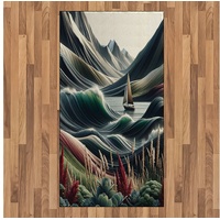 Teppich Flachgewebe Deko-Teppiche für das Wohn-,Schlaf-, und Essenszimmer, Abakuhaus, rechteckig, Nautisch Surreale Wellen Boho Botanik Segelboot braun|grün 80 cm x 150 cm