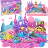 Magic Sand Sandbox Set Geschenke für Mädchen Prinzessin Sand Koffer mit 900g Spielsand Sandkasten Einhorn Figure Strandwerkzeuge Sensorisch Sandspielzeug Zaubersand Prinzessin Geschenk für Mädchen 3+