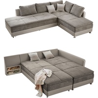 Federkern Ecksofa Doppelbett Dauerschlaffunktion Bettkasten Couch in Grau Beige