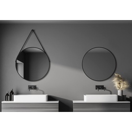 Talos Spiegel Ø 80 cm schwarz matt - Aufhängegurt in Lederoptik - Badspiegel - hochwertiger Aluminiumrahmen