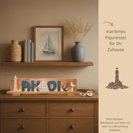Weigla - Figurenset 8 TLG. original Erzgebirge I Motiv Maritim weiß/blau I Figurenset für Dekosockel I detailreiche Holzkunst I Maritime Deko mit AHOI, Anker, Leuchtturm, Möwe & Segelschiff