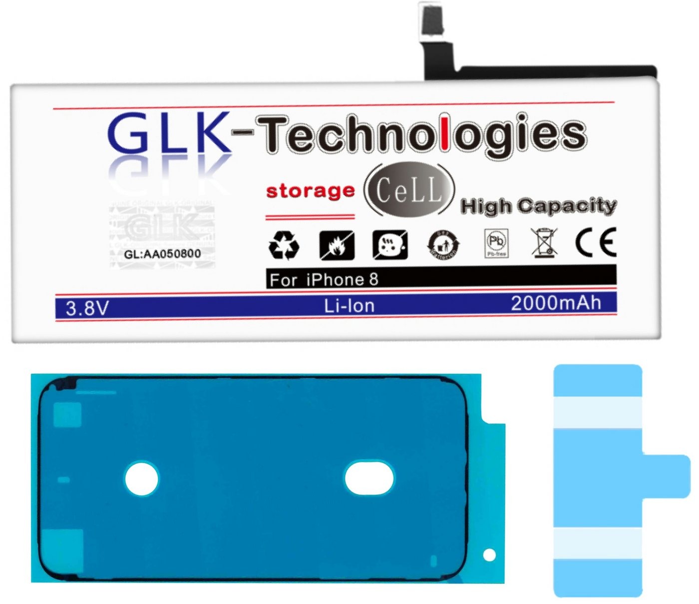 GLK-Technologies Verbesserter Ersatz Akku für Apple iPhone 8 inkl. 2X Klebebandsätze Smartphone-Akku 2000 mAh (3,8 V)