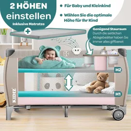 Kidiz KIDIZ® Babybett Reisebett Kinderreisebett Faltbar mit Matratze 120x60, Seiteneingang, Wickelauflage, Mosktionetz, Spielbogen & Tragetasche Baby Beistellbett Kinderbett ab Geburt bis 15 kg