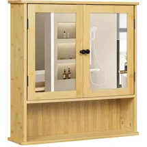 EUGAD Badezimmerschrank mit Spiegel, Wandmontierte Aufbewahrung mit verstellbaren Regalen, Bambus, 56x58x14 cm