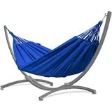 Potenza Outdoor Hängematte mit Gestell für 2 Personen I Merida- Baumwolle Doppelhängematte XXL 220x160, 220kg I Hängemattengestell 220kg, wetterfest (Blau, Gestell Grau)