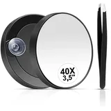 Flanliy 40 Fache Vergrößerungsspiegel, 8.8cm Vergrößerungsspiegel mit Saugnapf und Pinzette, Kleiner Kosmetikspiegel mit Vergrößerung für Präzises Make-up und Augenbrauenzupfen (40 Fache)