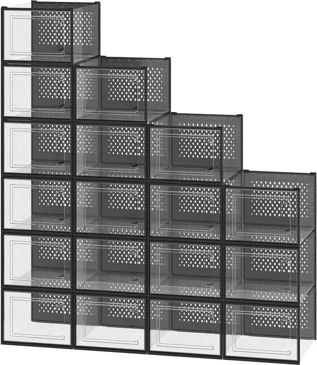 Ochama 18er-Pack stapelbare Schuhaufbewahrungsbehälter – 35x25x18.5cm,Tintenschwarz, faltbares Design, passend für Sneaker bis UK Größe 11 – vielseitige Organizer für Kleiderschrank oder Garderobe
