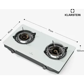 Klarstein Barzona Gaskochfeld, 2-Brenner Edelstahl & Glas, 7,7kW, Tragbarer Campingkocher mit Piezo-Zündung & Flammenausfallsicherung, Kompaktes u... - Weiß