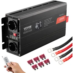 VEVOR Wechselrichter mit reiner Sinuswelle 2000W DC 12V AC 230V Spannungswandler mit 2 AC-Steckdosen 2 USB-Anschlüssen 1 Typ-C-Anschluss LCD-Display und Fernbedienung für mittelgroße Haushaltsgeräte