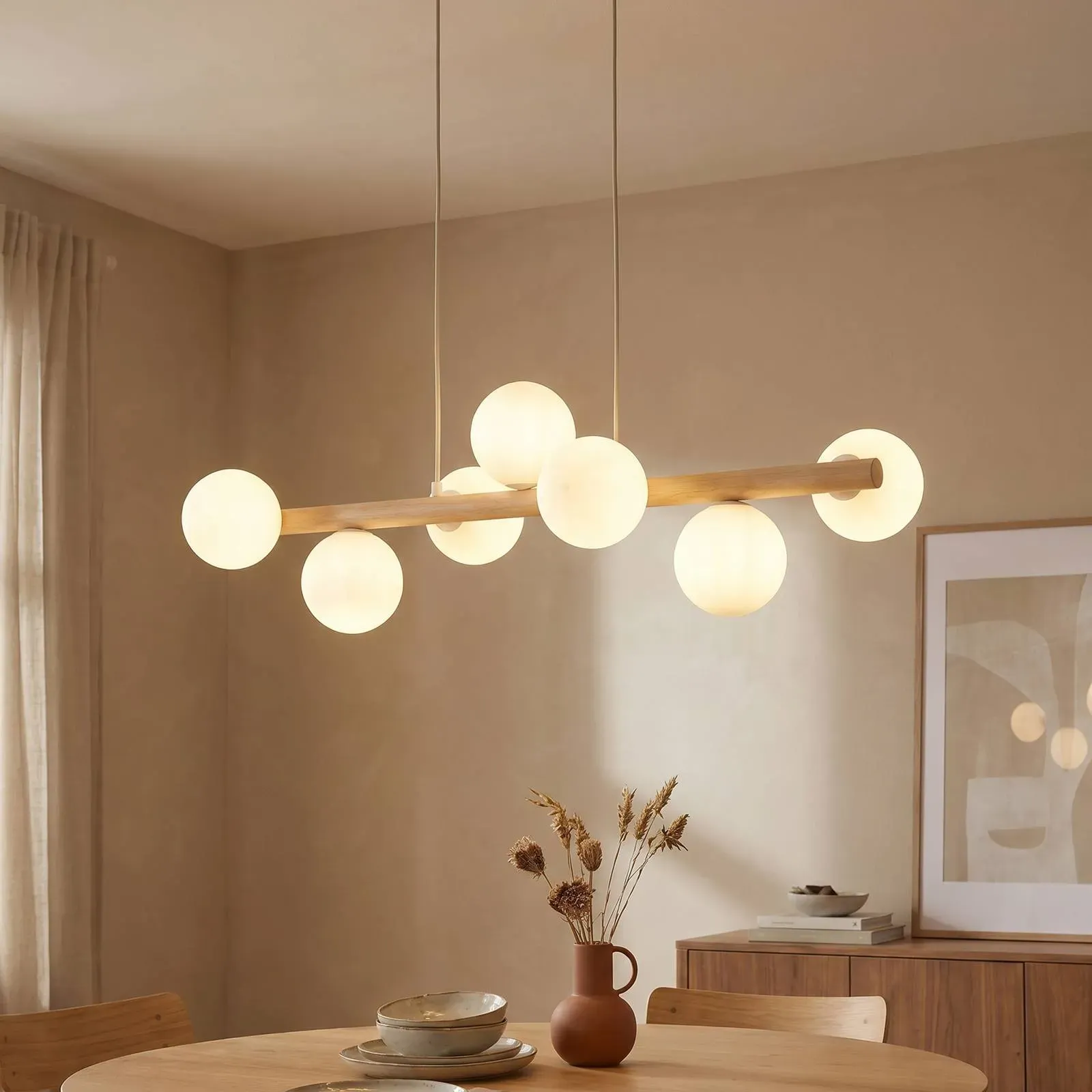 Glas Hängelampe Estera TK Lighting, dimmbar, Holz hell, für Wohn- / Esszimmer, Glas, Pendelleuchte - 90 cm - 28 cm - 125 cm
