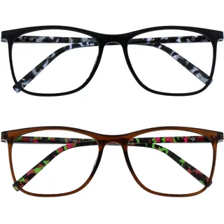 OPULIZE Arc Lesebrille 2er Pack Stilvolle Schlank Rechteckig Rahmen Gemusterte Bügel Federscharniere Kratzfest Schwarz Braun Herren Damen RR66-12 +1.50 - +1,50 Dioptrien