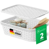 Novaliv 2er Set Eleganter Aufbewahrungskorb mit Deckel in Rattan Optik Weiß Lebensmittelecht Kunststoff 1L Perfekt für Bad & Kleidungsaufbewahrun...