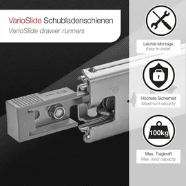 SOTech VarioSlide KV2-100-H53-L300-EH 300 mm – Schwerlast 100 kg, Einhandverriegelung mit Lock-in/out Einrastfunktion mit grauem Hebel Schwerlast-Vollauszug belastbar bis