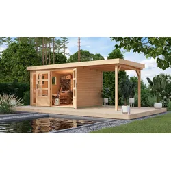 Gartenhaus KARIBU "Langesee 5 mit Anbaudach", beige (naturbelassen), ohne Fußboden, ohne Rück- und Seitenwand, ohne Dacheindeckung, Holz, Gartenhäuser, aus hochwertiger nordischer Fichte mit wasserabweisender Profilierung