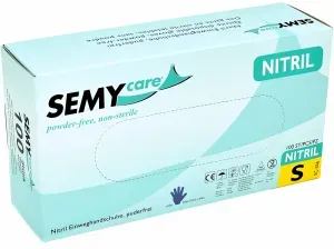 SemyCare Nitrilhandschuhe im Spenderkarton, puderfrei, blau, Beidhändig verwendbare Einweghandschuhe mit Rollrand, 1 Packung = 100 Stück, Größe S