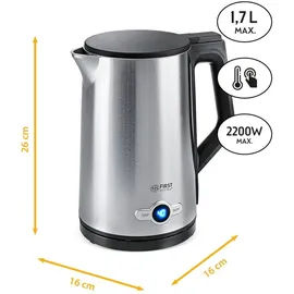 First Austria TZS First Austria Edelstahl Wasserkocher 2200W, 1,7 L, Temperatureinstellung 60-100 Grad, Warmhaltefunktion, Kalkfilter, verdecktes Heizelement, LED Beleuchtungsfarbe