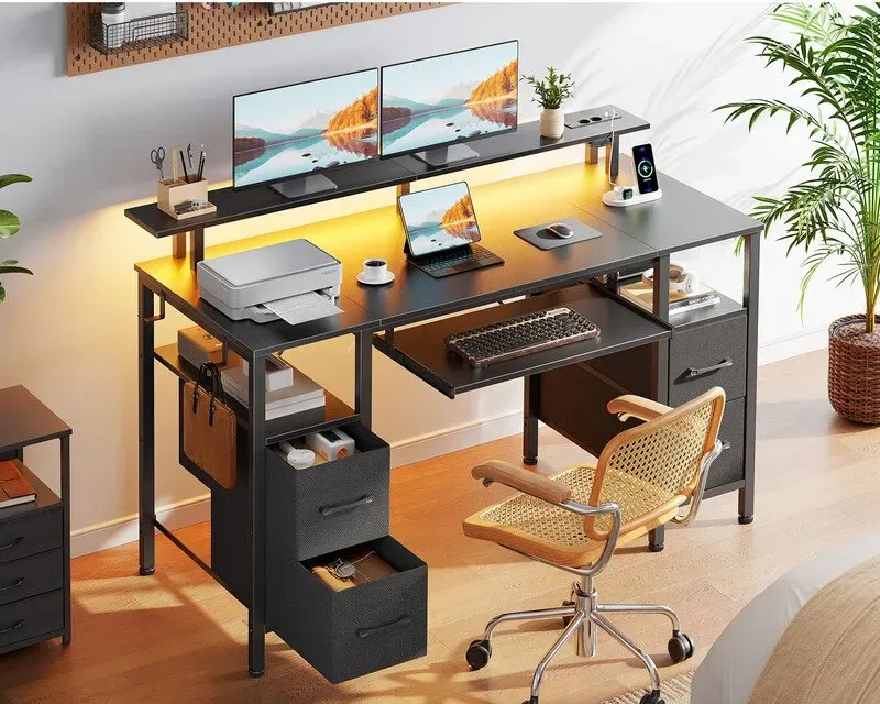 Audeze Schreibtisch mit USB-Anschlüssen, Steckdosen, LED-Streifen, Schubladen & Aktenschrank, reversibler Gaming-Eckschreibtisch mit Monitorablage & Stauraum fürs Homeoffice
