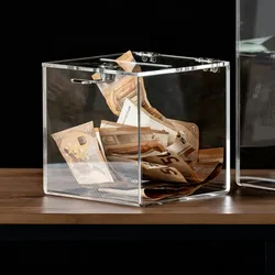HMF 46919 Acryl Spendenbox mit Schloss, 15 x 15 x 15 cm, DIN A6, Transparent