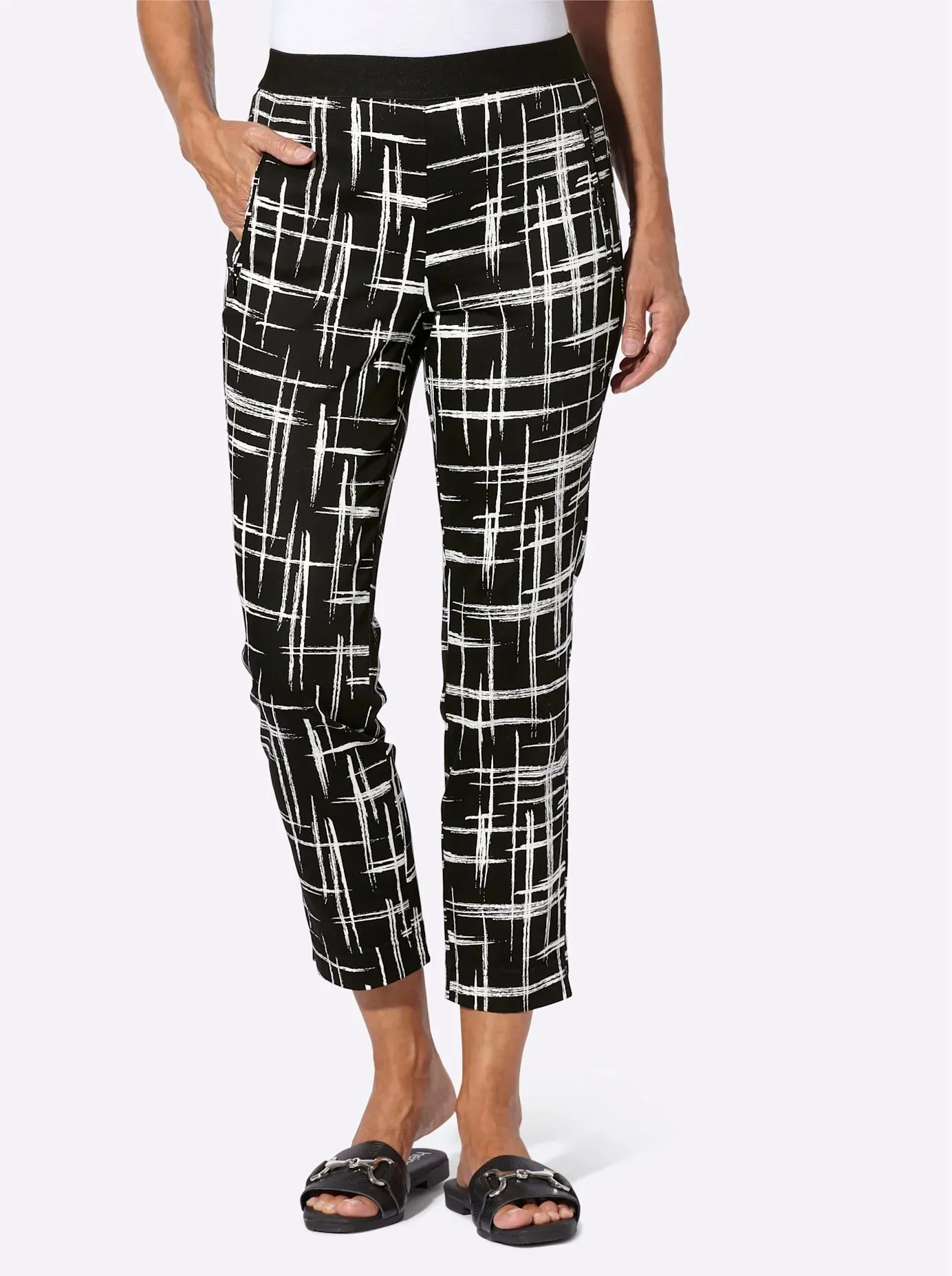Schlupfhose INSPIRATIONEN, Damen, Gr. 48, Normalgrößen, schwarz-weiß (schwarz, weiß, bedruckt), 98% Baumwolle, 2% Elasthan, gemustert, mehrfarbig, Hosen Schlupfhose