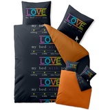 CelinaTex Fashion Bettwäsche 200x220 cm 3teilig Baumwolle, Bettgarnitur für Sommer und Winter, Ganzjährig, Bettbezug, Bettenset, Schöner Wohnen Love Wörter Schwarz Orange