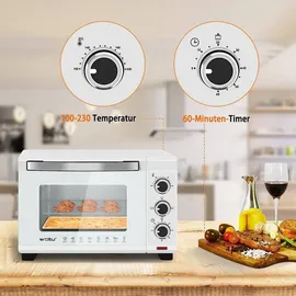 Woltu Mini Backofen 21 L, elektrischer Minibackofen, Miniofen, Pizzaofen, 1280 W, 100-230 °C, Timer 60 Min., Ober-/Unterhitze, Doppelverglasung, Weiß